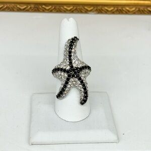 Black & Silver Rhinestone Starfish Ring - Bold Ocean-Inspired Statement Jewelry